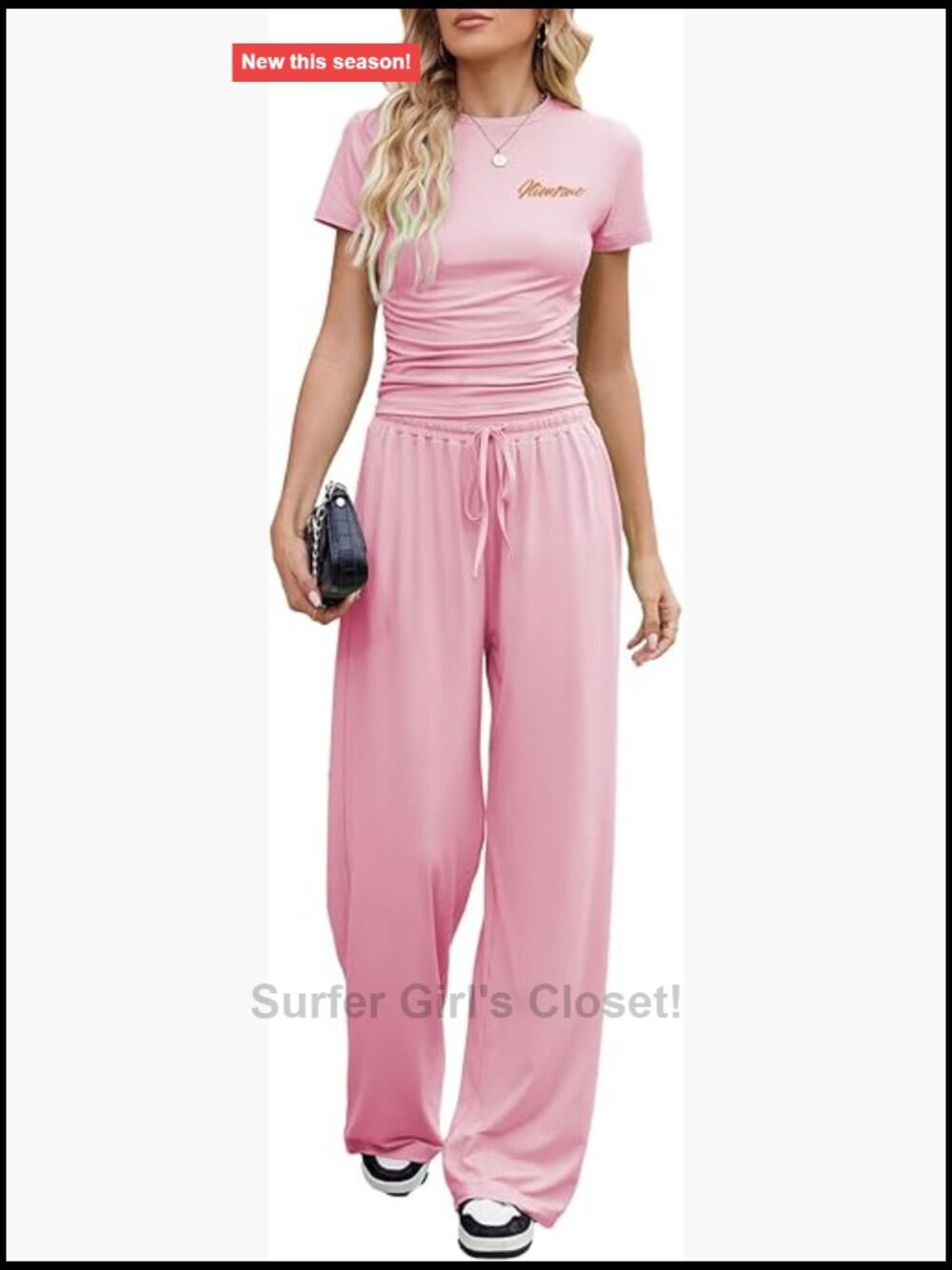 Women's 2 Piece Lounge Sets Ruched Short Sleeve Top Wide Leg Pant Set Tracksuit